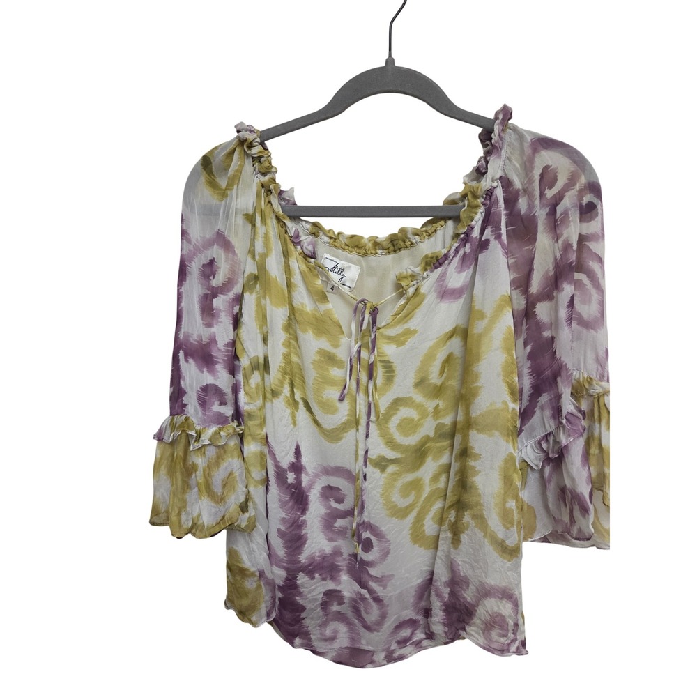 Milly of New York Silk Purple Olive Green Print Ruffle‎ Trim Tie Neck Blouse Top
